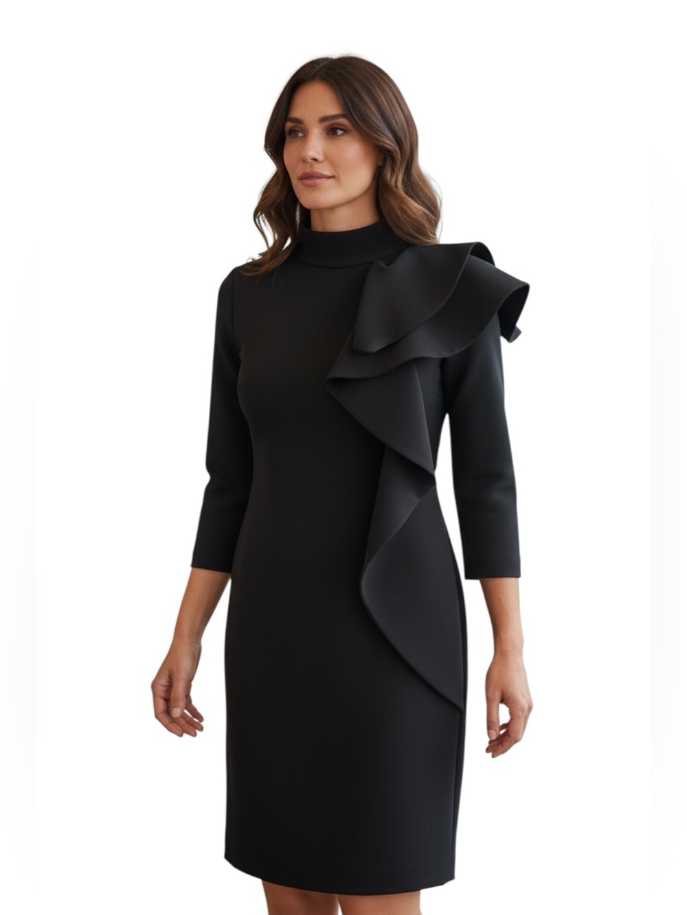 COS Dress Womens 4 Black Ruffle Mock Neck 3/4 Sleeve Shift Knee Length Pockets